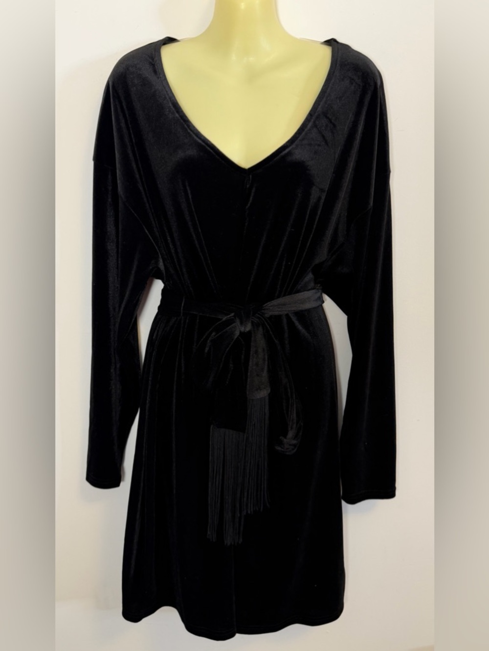Angels Black Velvet V-Neck Dress with Fringe Tie Waist